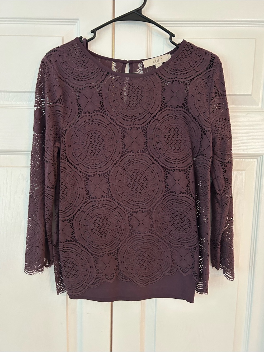 LOFT Women’s Purple Flower Crochet Shell Cotton Tunic Blouse Shirt Size S